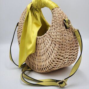 Boho Straw Crescent Crossbody Bag With Yellow Satin Scarf Detail